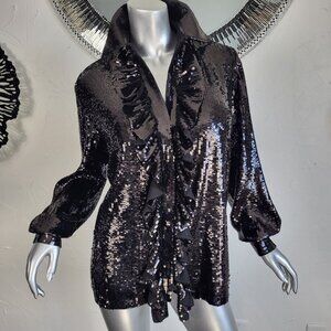NWT~$775~MSGM~L/XL~STUNNING BLACK SEQUIN RUFFLE FRONT LOOSE FIT BLOUSE SHIRT TOP